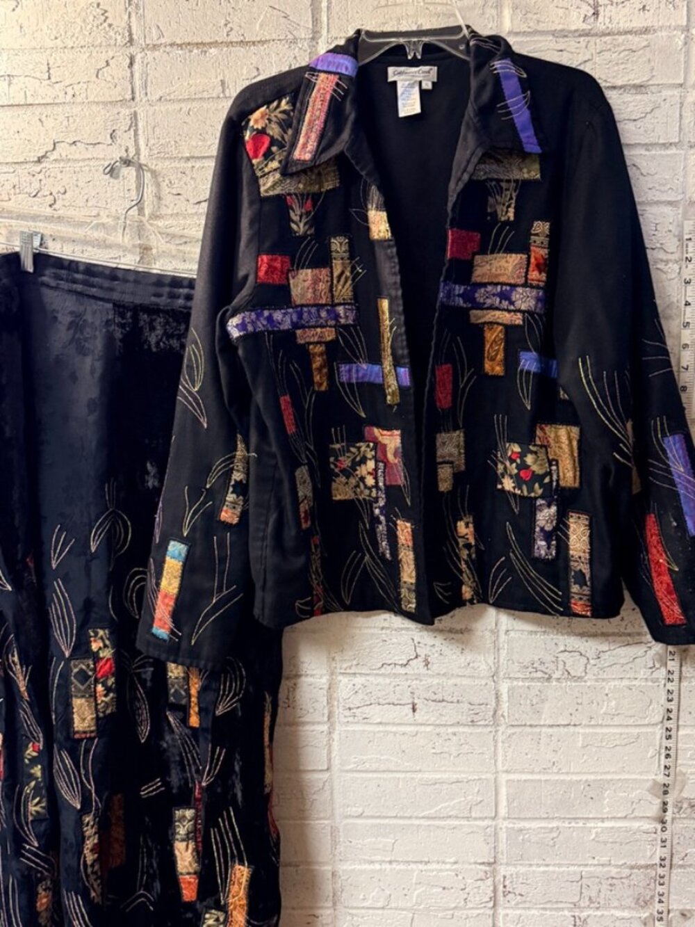 Coldwater Creek 2 Piece Skirt Suit XL Black Patchwork Embroidered Jacket